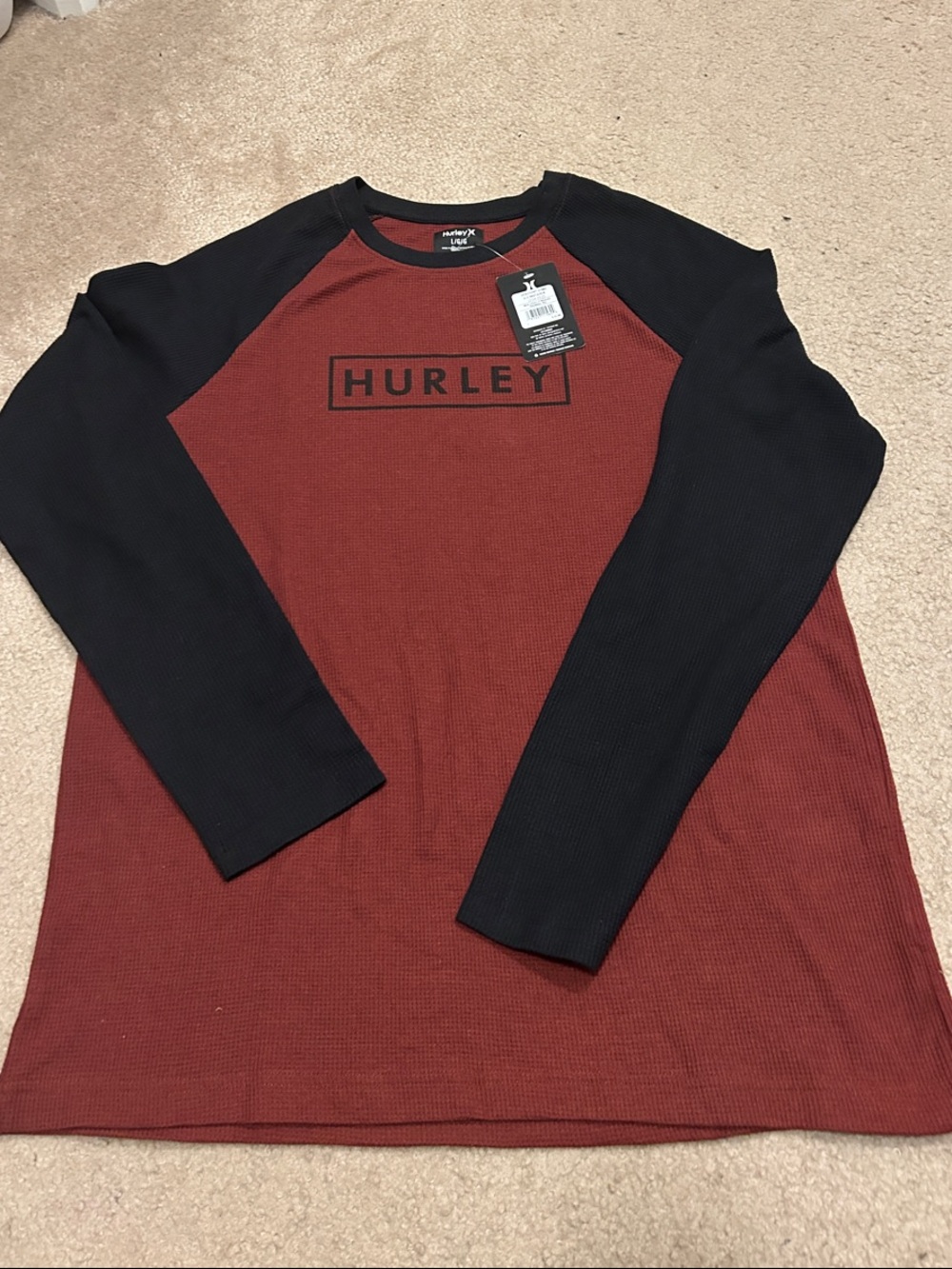 Hurley Maroon & Black Raglan Logo Long Sleeve Tee